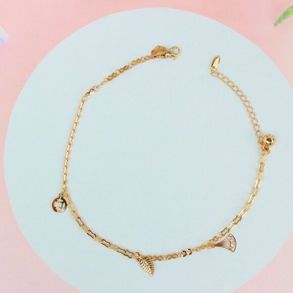 "Rose Gold Plated Dual Chain Anklet with Leaf and Fan Charms, XPAL1194 - Picture 3 of 12